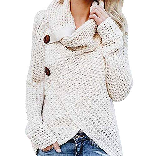 Jerseys De Punto para Mujer Cuello de Tortuga Manga Larga Suelto Prendas de Punto Suéter Irregular Jerséis Collar de la Pila Tops Cálido Otoño Invierno riou (White, S)