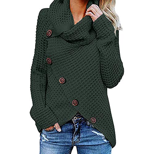 Jerseys De Punto para Mujer Cuello de Tortuga Manga Larga Suelto Prendas de Punto Suéter Irregular Jerséis Collar de la Pila Tops Cálido Otoño Invierno riou (z-Green, L)