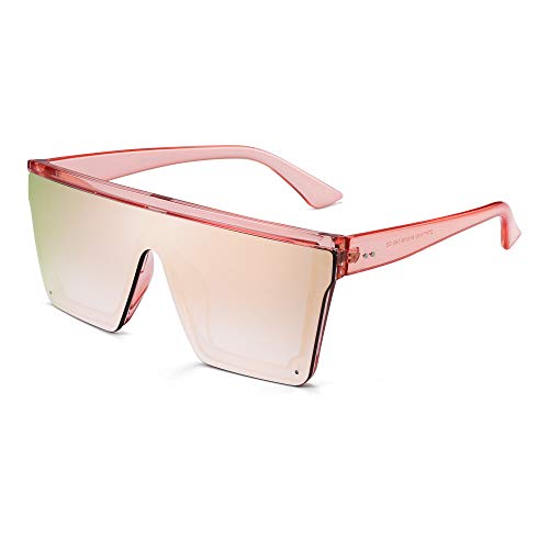 JIM HALO Plano Top Proteger Gafas de Sol Cuadradas Espejo Sin Marco Montura Anteojos Para Mujer Hombre(Marco Rosa/Lente Rosa Espejo)