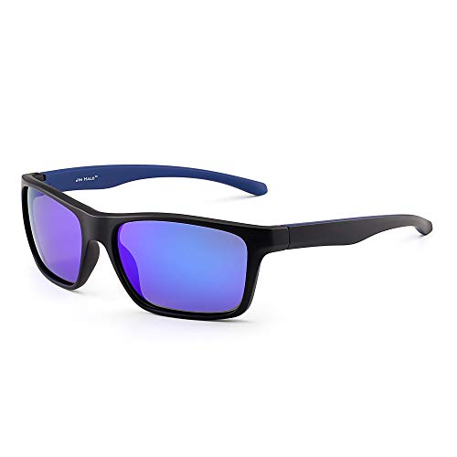 JIM HALO Polarizadas Deportivas Gafas de Sol de Espejo Wrap Alrededor Conducir Pescar Hombre Mujer(Negro/Azul Espejo)