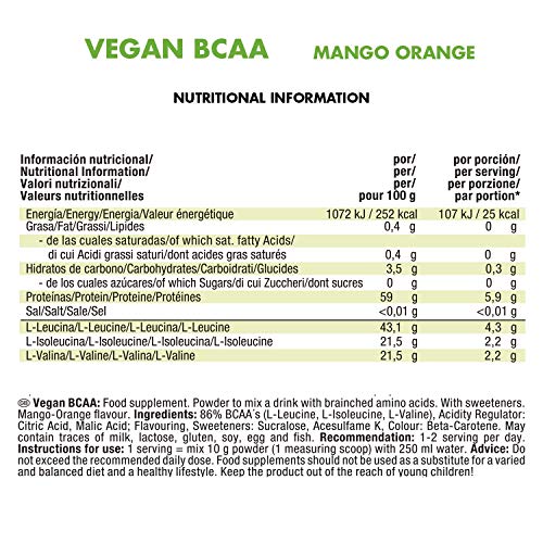 JOE WEIDER VICTORY Vegan BCAA 2:1:1 Mango-Naranja 100% vegano. 300 Gr. 8,7g de BCAA por dosis. Sin grasas, sin azúcares