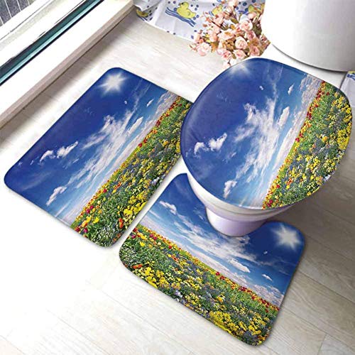 JOOMI Juego de alfombras de baño de 3 Piezas con Flores, Prado de Flores y Cielo Nublado, Paisaje Natural, Estampado de Sol Vivo, Arte de Primavera, decoración del hogar