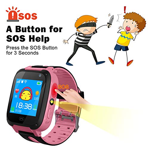 Jslai Niños Smartwatch Relojes,LBS Tracker Inteligente Relojes Telefono de SOS Alarma Cámara móvil Mejor Regalo para niños de 3-12 años niños Regalo de cumpleaños (Rosa)