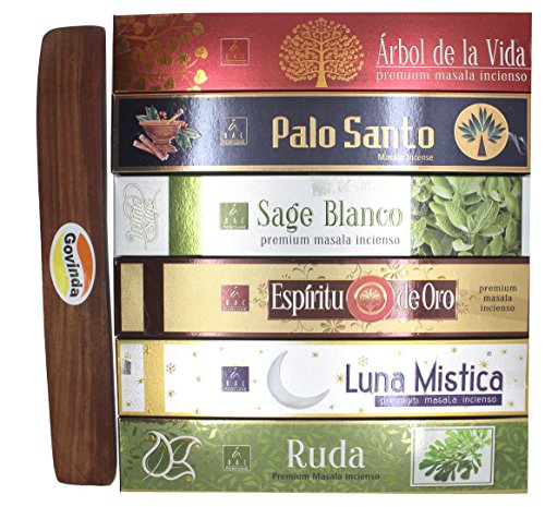 Juego de 6 Árbol de Vida, Arruda, Golden espíritu, Mystic luna, palo Santo, y Kit de salvia blanca de incienso con soporte de incienso (Govinda)