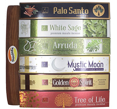 Juego de 6 Árbol de Vida, Arruda, Golden espíritu, Mystic luna, palo Santo, y Kit de salvia blanca de incienso con soporte de incienso (Govinda)