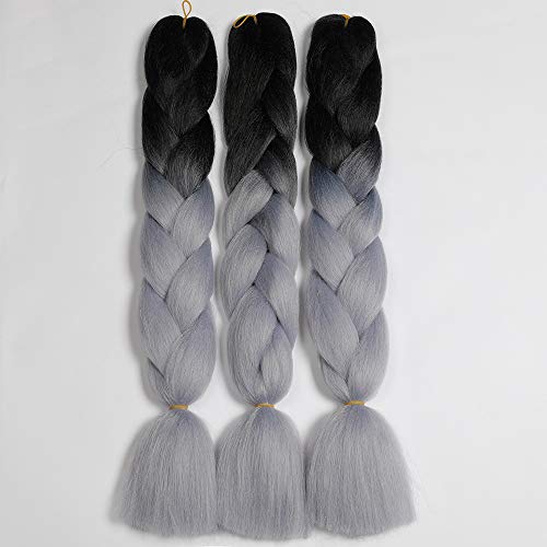 Kanekalon Black to Silver Jumbo Ombre Braid Synthetic Hair Extensions, 100G / PC 24"For African Crochet Braids Hair Extensions 3PCS / LOT