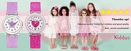 KIDDUS Reloj de Pulsera analógico para niña, Chica. con Ejercicios educativos para Aprender la Hora. Mecanismo de Cuarzo japonés Purpurina, Elegante y a la Moda. FAB10 Delfín