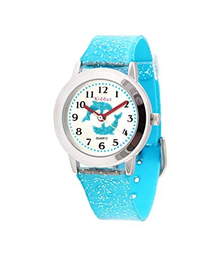 KIDDUS Reloj de Pulsera analógico para niña, Chica. con Ejercicios educativos para Aprender la Hora. Mecanismo de Cuarzo japonés Purpurina, Elegante y a la Moda. FAB10 Delfín