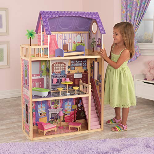 KidKraft 65092 Kayla - Casa de Muñecas de Madera con Muebles y Accesorios Incluidos, 3 Pisos, para Muñecas de 30 cm , color Natural/Rosa/Violeta