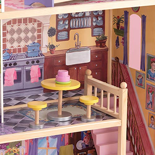 KidKraft 65092 Kayla - Casa de Muñecas de Madera con Muebles y Accesorios Incluidos, 3 Pisos, para Muñecas de 30 cm , color Natural/Rosa/Violeta