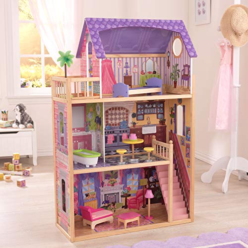 KidKraft 65092 Kayla - Casa de Muñecas de Madera con Muebles y Accesorios Incluidos, 3 Pisos, para Muñecas de 30 cm , color Natural/Rosa/Violeta