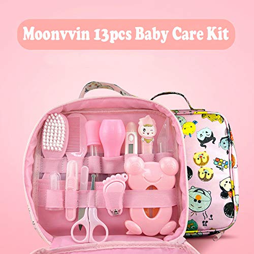 Kit de cuidado de bebé Moonvvin 13pcs / set Conjunto de aseo para recién nacidos Accesorios esenciales para el cuidado de la salud para viajes en el hogar Uso con bolsa de transporte (Rosa)