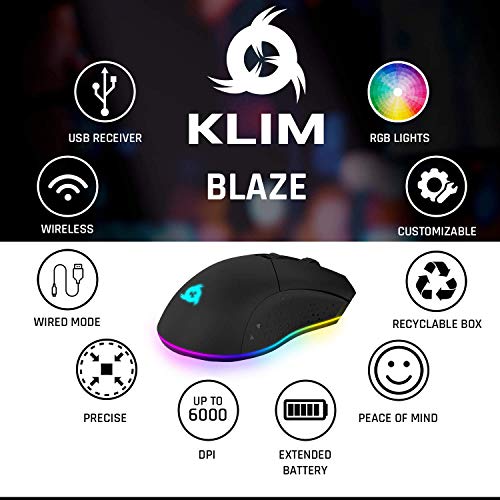 ⭐️KLIM Blaze - Ratón inalámbrico gaming recargable RGB + Sensor de alta precisión con batería recargable de larga duración + Ajustable hasta 6000 DPI + Modo inalámbrico y con cable + NUEVO 2020