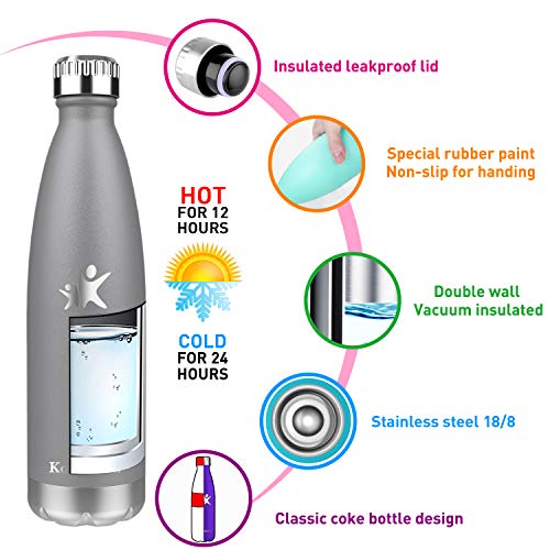 KollyKolla Botella de Agua Acero Inoxidable, Termo Sin BPA Ecológica, Botellas Termica Reutilizable Frascos Térmicos para Niños & Adultos, Deporte, Oficina, Yoga, Ciclismo, (750ml Gris Fresco)