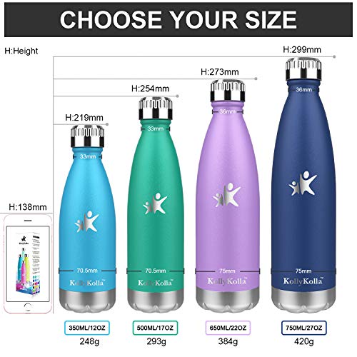 KollyKolla Botella de Agua Acero Inoxidable, Termo Sin BPA Ecológica, Botellas Termica Reutilizable Frascos Térmicos para Niños & Adultos, Deporte, Oficina, Yoga, Ciclismo, (750ml Gris Fresco)