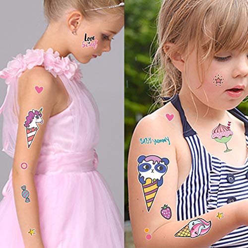 Konsait Tatuajes temporales Falso Tatuajes Pegatinas Tatoos Infantiles niñas niños Fiestas cumpleaños Regalo piñata, Helado, Caramelo, 15 Hojas