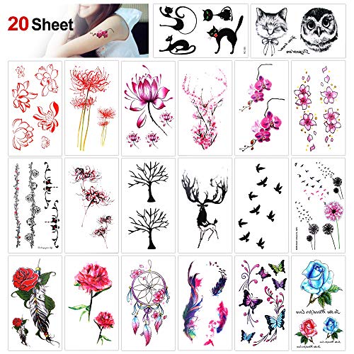 Konsait Tatuajes temporales para Adultos Mujer Niños, 20 Hojas-Rose Peony Flower Diente de León, Gato, Ciervo, Pluma, Mariposa, Impermeable Tatuajes Adhesivos Mujer Flash Tatoos Tatuaje Falso