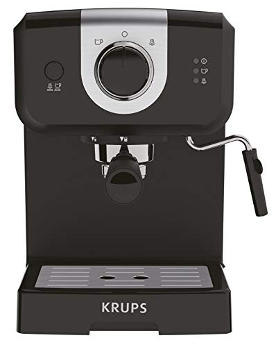 Krups Opio XP320810 - Cafetera, 15 bares de presión, calentador de taza y espumador de leche, control giratorio, negro/plata