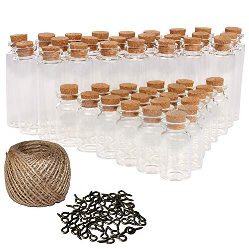 Kurtzy Mini Botellas de Vidrio con tapón de Corcho (50 Pcs) - 25x7ml and 25x20ml con 30 Metros Twine and 50 Screw Eye Pins para Arte y Manualidades Decorativas, Bricolaje