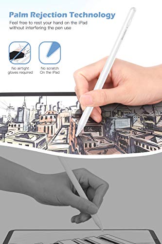 Lápiz Para Pantalla Táctil, 1.0mm Lápiz para ipad 2018/2019/2020, Lápiz Stylus de Rechazo de Palma Lápiz, Stylus Pen con 2 Tapas Ultrafinas, Lapiz Táctil con Función Detección de Inclinación, Blanco