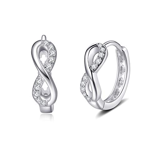 LDUDU Pendientes Aro de mujer/hombre de plata de ley con Cristal/Circonita blanco con sello de plata S925 para mujer hombre niña regalo de Cumpleaños Navidad San Valentin color blanco (Amor eterno)