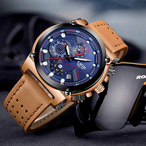 LIGE Relojes Hombre Militar Impermeable Deportes Analogicos Cuarzo Relojes Hombre Azul Automática Fecha Cuero Relojes