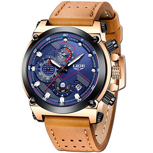 LIGE Relojes Hombre Militar Impermeable Deportes Analogicos Cuarzo Relojes Hombre Azul Automática Fecha Cuero Relojes