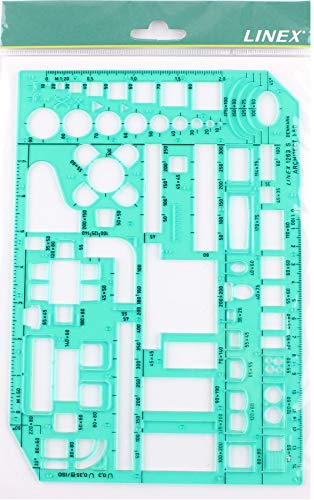 Linex LXG1263S - Plantilla para dibujar muebles (con símbolos de muebles y habitaciones, escala 1-50, 230 x 160 mm, tintada), color verde