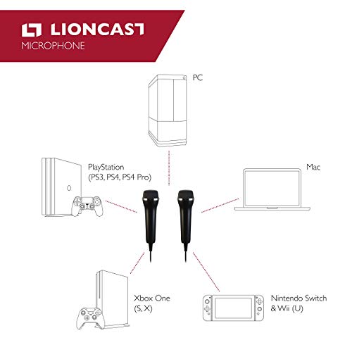 Lioncast 2x Micrófonos USB universal para ordenador y Karaoke; Compatible con juegos de Wii, PS3, PS4, Xbox One y PC como Guitar Hero, Rock Star, etc .; Cable de 2,5 m - Negro