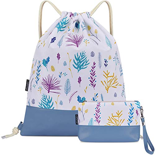 LIVACASA Mochila con cordón/Maquillaje Mochila, Mochila de Cuerdas Niños Bolsos de Embrague Costuras PU Estampado Florales Azul Flores