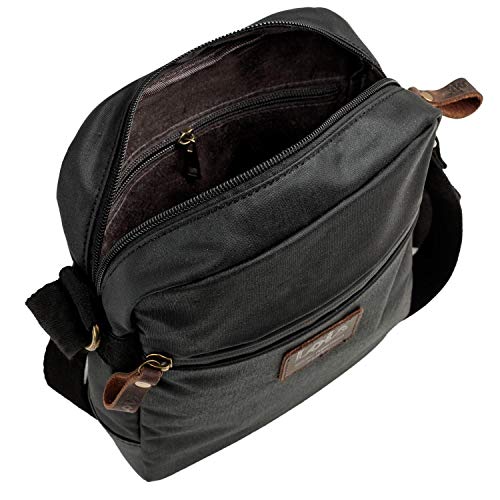 Lois - Bolso Bandolera de Hombre de Lona recubierta/Piel Ajustable Múltiples Compartimentos Funcional Práctica Cómoda para Uso Diario 307819, Color Negro