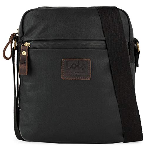 Lois - Bolso Bandolera de Hombre de Lona recubierta/Piel Ajustable Múltiples Compartimentos Funcional Práctica Cómoda para Uso Diario 307819, Color Negro