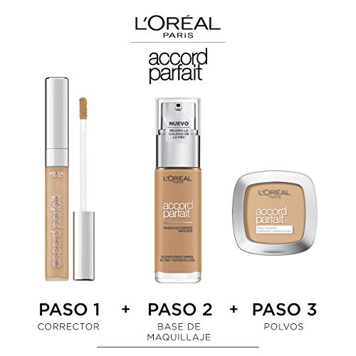 L'Oréal Paris Accord Parfait, Base de maquillaje acabado natural con ácido hialurónico, tono piel medio 4N, 30 ml