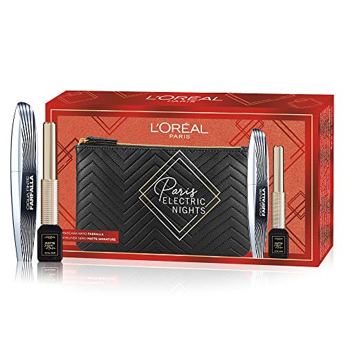 L'Oréal Paris Makeup - Estuche de regalo para mujer, máscara de pestañas voluminosa, alargadora, pestañas postizas, mariposa y eyeliner, color negro mate, 2 unidades