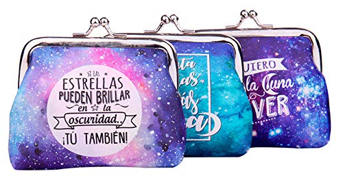 Lote 24 Monederos Universo Galaxia con Frases - Monederos Originales Detalles de Bodas, Bautizos, Comuniones, Cumpleaños y Eventos