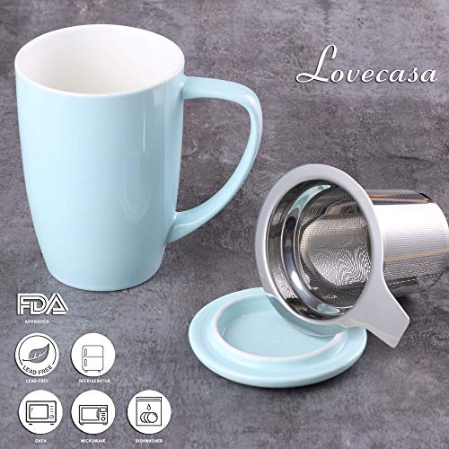 LOVECASA Tazas de Té con Tapa y Filtro Acero inoxidable 450 ML, Taza Tisana de Porcelana Azul Claro