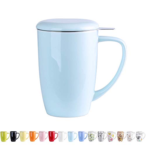 LOVECASA Tazas de Té con Tapa y Filtro Acero inoxidable 450 ML, Taza Tisana de Porcelana Azul Claro