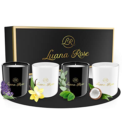 Luana Rose - Juego de 4 velas de cera de soja 100 % para aromaterapia, velas en vaso de cera de soja (lavanda, eucalytus citronela, vainilla, coconut)