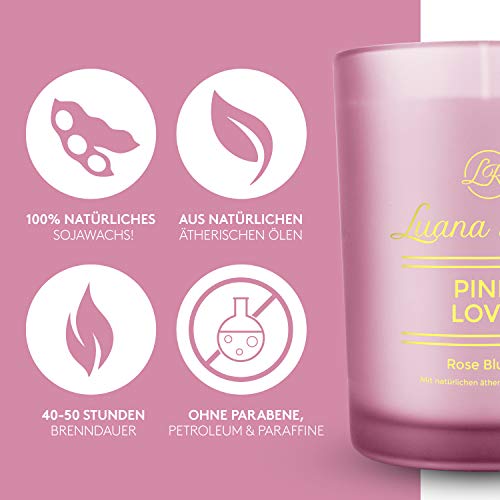 Luana Rose - Vela aromática grande con 1 mecha - Set de regalo - 100% cera de soja para aromaterapia - Larga duración de combustión 50 horas - Regalo con tapa de madera - Candle Light (flor rosa)