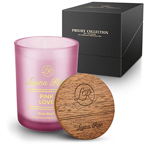 Luana Rose - Vela aromática grande con 1 mecha - Set de regalo - 100% cera de soja para aromaterapia - Larga duración de combustión 50 horas - Regalo con tapa de madera - Candle Light (flor rosa)