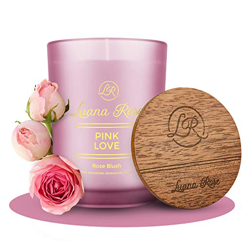 Luana Rose - Vela aromática grande con 1 mecha - Set de regalo - 100% cera de soja para aromaterapia - Larga duración de combustión 50 horas - Regalo con tapa de madera - Candle Light (flor rosa)