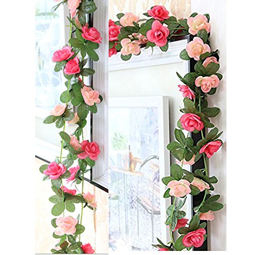 LumenTY 2 paquetes de flores artificiales de 2.5 m Vine Rose Garland Seda Flores falsas Decoración colgante para Oficina del hotel Jardín Fiesta casera Boda Festival Decoración - Rosa y rosa Claro