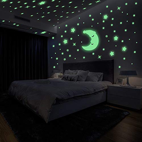 Luminoso Pegatinas de Pared Yosemy Luna y Estrellas, Fluorescente Decoración de Pared para Dormitorio de Niños, DIY Decoración de la Habitación Para Chico Niña Bebé, Casa Interior Mural, 200 Pzas