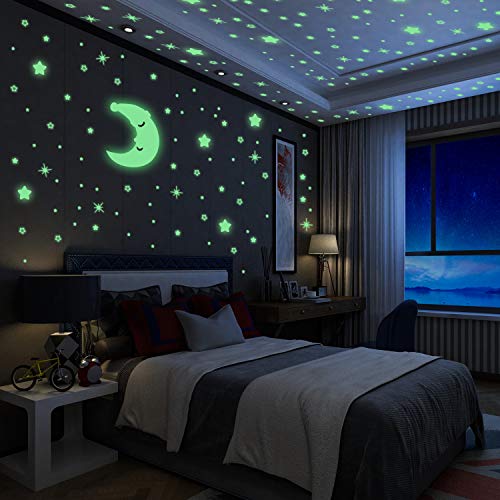 Luminoso Pegatinas de Pared Yosemy Luna y Estrellas, Fluorescente Decoración de Pared para Dormitorio de Niños, DIY Decoración de la Habitación Para Chico Niña Bebé, Casa Interior Mural, 200 Pzas