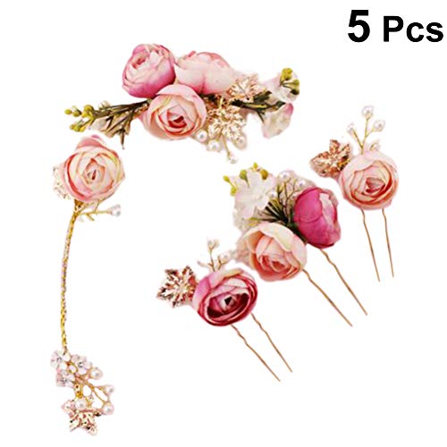 Lurrose 5 Unids En forma de U Rosa Flor de horquilla Comillas Laterales Francesas Pinzas para el cabello Accesorios de boda para la novia dama de honor (Rosa)