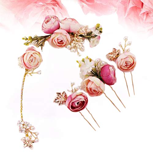 Lurrose 5 Unids En forma de U Rosa Flor de horquilla Comillas Laterales Francesas Pinzas para el cabello Accesorios de boda para la novia dama de honor (Rosa)