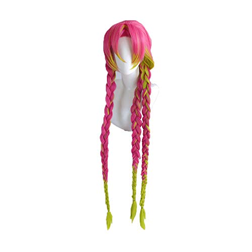 LZT 120cm/47Inch Long Rose Red Gradient Grass Green + Long Twist Braid Kanroji Mitsuri Cosplay Peluca para Demon Slayer-Kimetsu no Yaiba Girls Mujer Pelucas con gorra gratis(1418#)