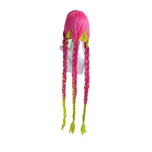 LZT 120cm/47Inch Long Rose Red Gradient Grass Green + Long Twist Braid Kanroji Mitsuri Cosplay Peluca para Demon Slayer-Kimetsu no Yaiba Girls Mujer Pelucas con gorra gratis(1418#)