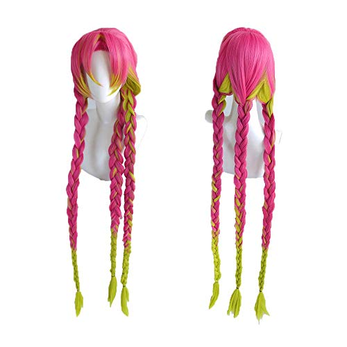 LZT 120cm/47Inch Long Rose Red Gradient Grass Green + Long Twist Braid Kanroji Mitsuri Cosplay Peluca para Demon Slayer-Kimetsu no Yaiba Girls Mujer Pelucas con gorra gratis(1418#)