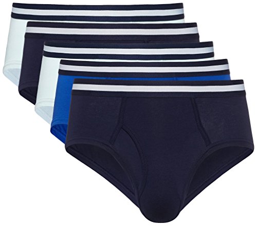 Marca Amazon - find. Slip para Hombre Y-Front, Pack de 5, Negro (Navy X2, Wash Blue X2, Royal X1), L, Label: L